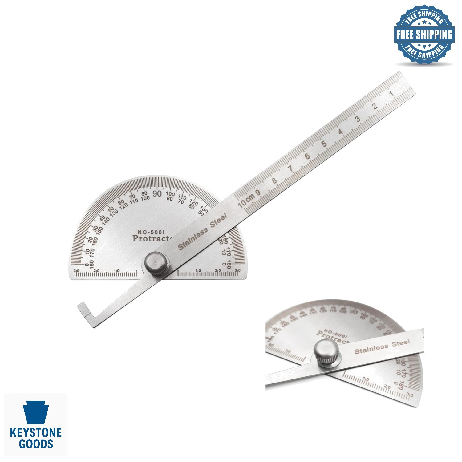 Stainless Steel 2-in-1 Angle Ruler & Protractor, 0-180°, 10cm Woodworking Tool