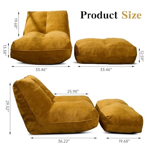 Bean Bag Chair with Ottoman, Comfy Bean Bag Sofa with Memory Foam, Lazy Yellow