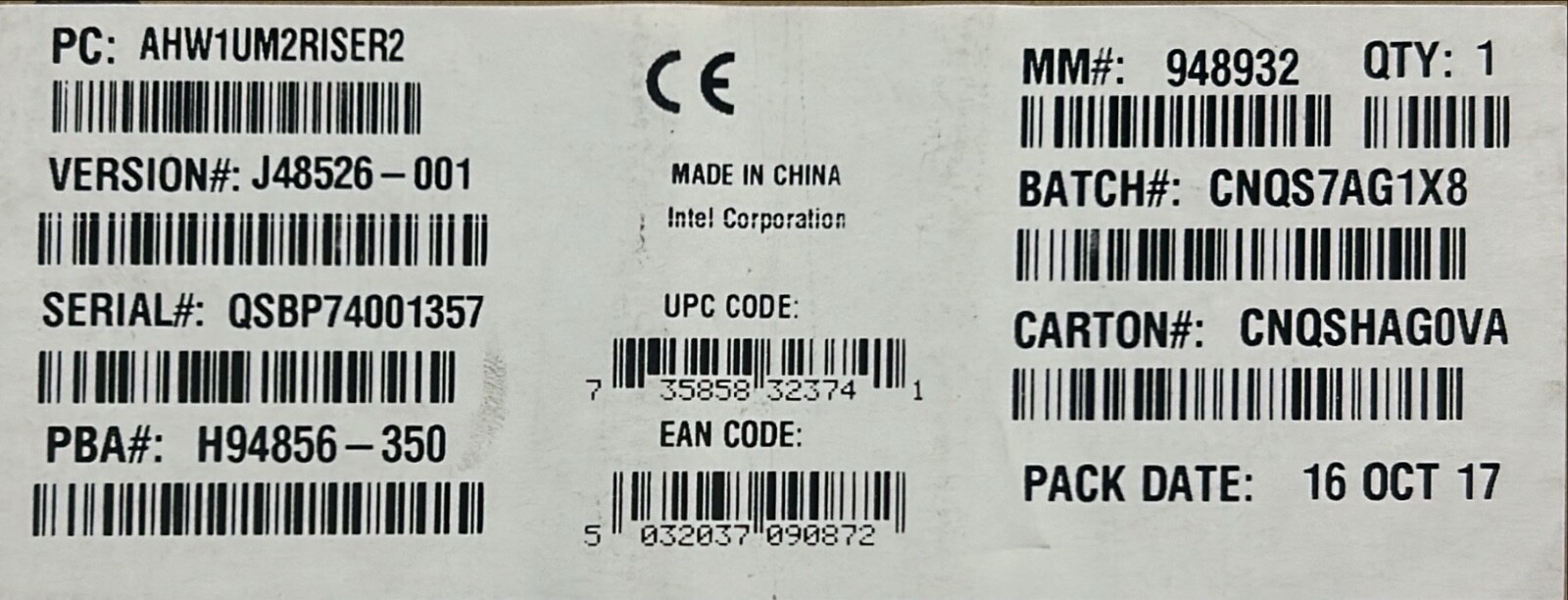 New Intel Model No. AHW1UM2RISER2 1U PCI Express x16 Riser Card