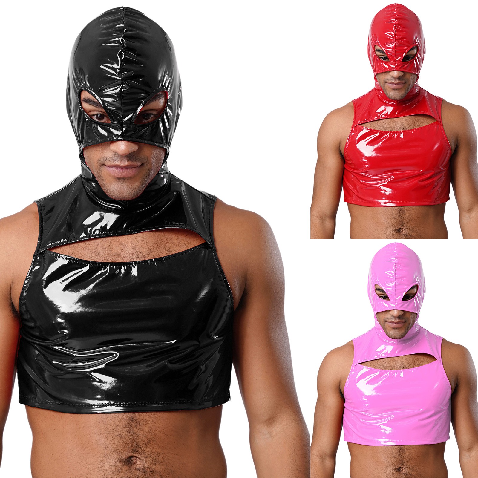 Mens Wet Look Patent Leather Crop Top Mask Hooded Tops for Nightclub Raves Party
