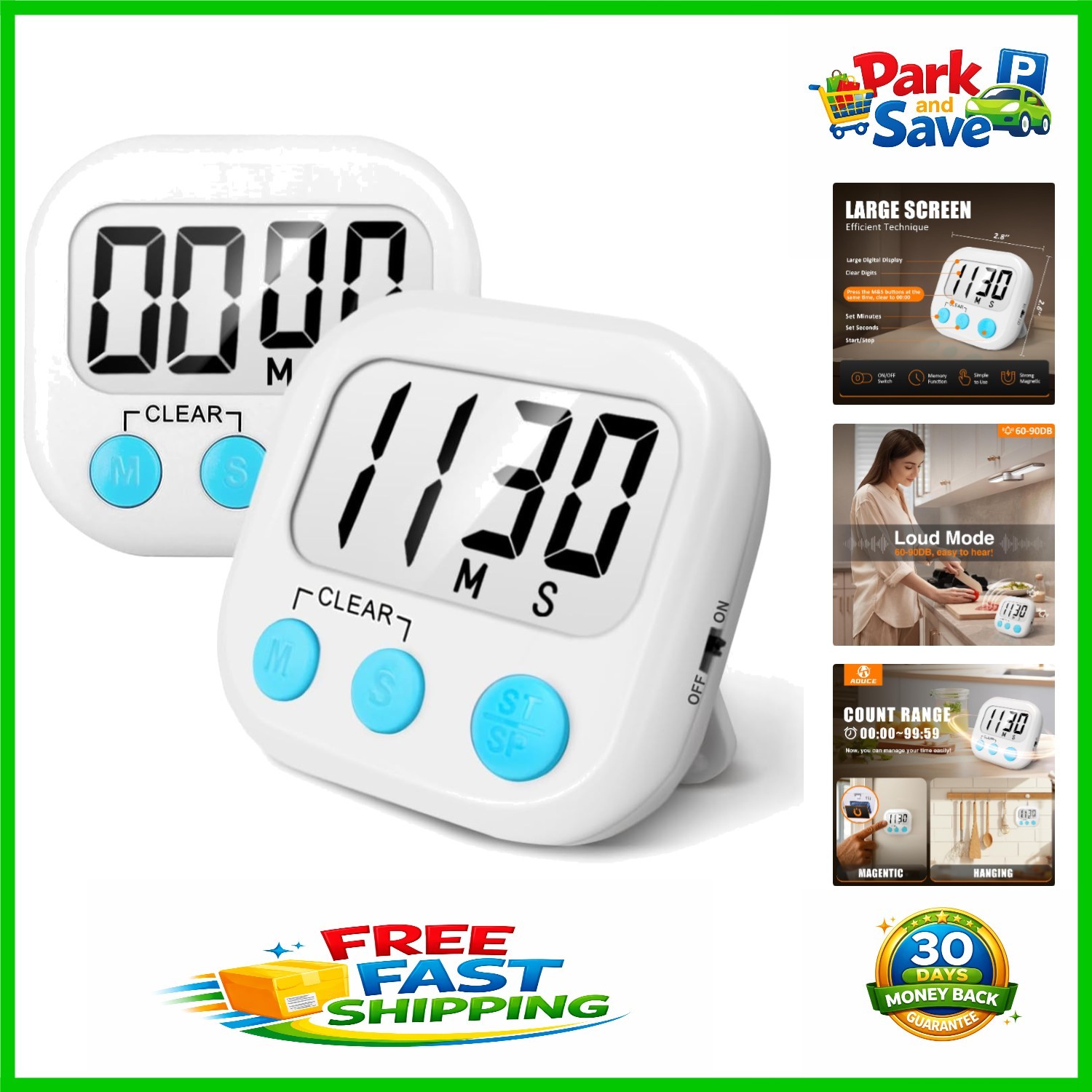 Digital Cooking Timer 2 Pack with Large Display & Convenient Memory Function