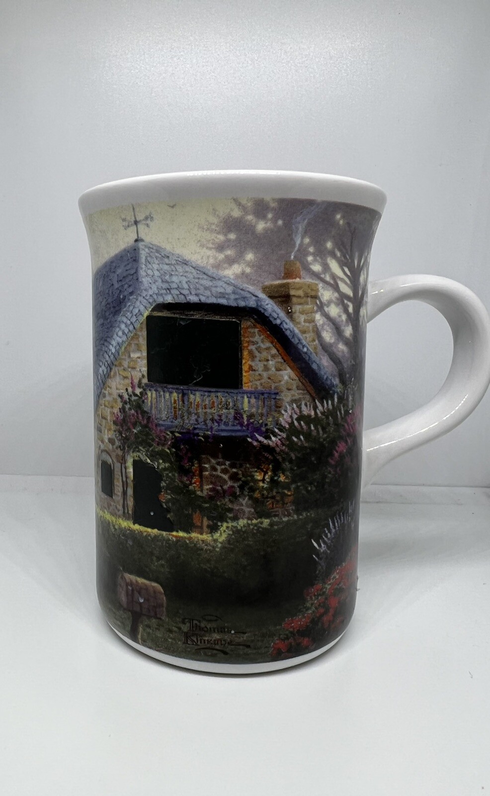 Thomas Kinkade Lilac Cottage coffee mug 4.25” Heat Activated
