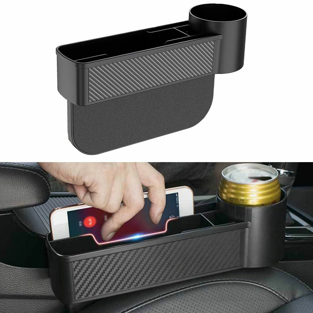 Car Seat Gap Storage Box Cup Drink Holder Debries Organizer Carbon Fiber Look