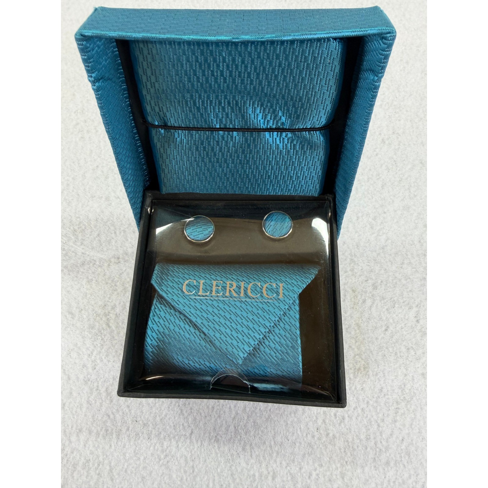 Clericci Mens Teal Blue Pocket Square and Cufflinks Set Textured Formal Gift Box