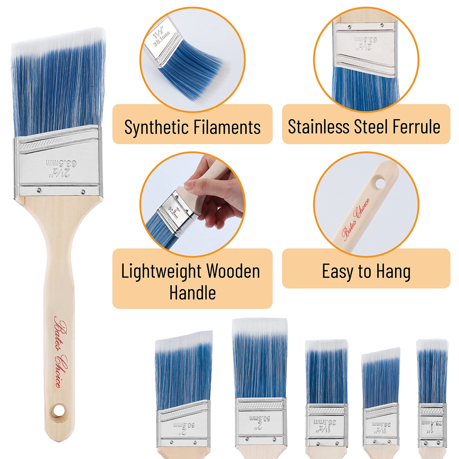 Bates Paint Brushes | 6 Pack w/ Flat & Angled Styles | Smooth Finish