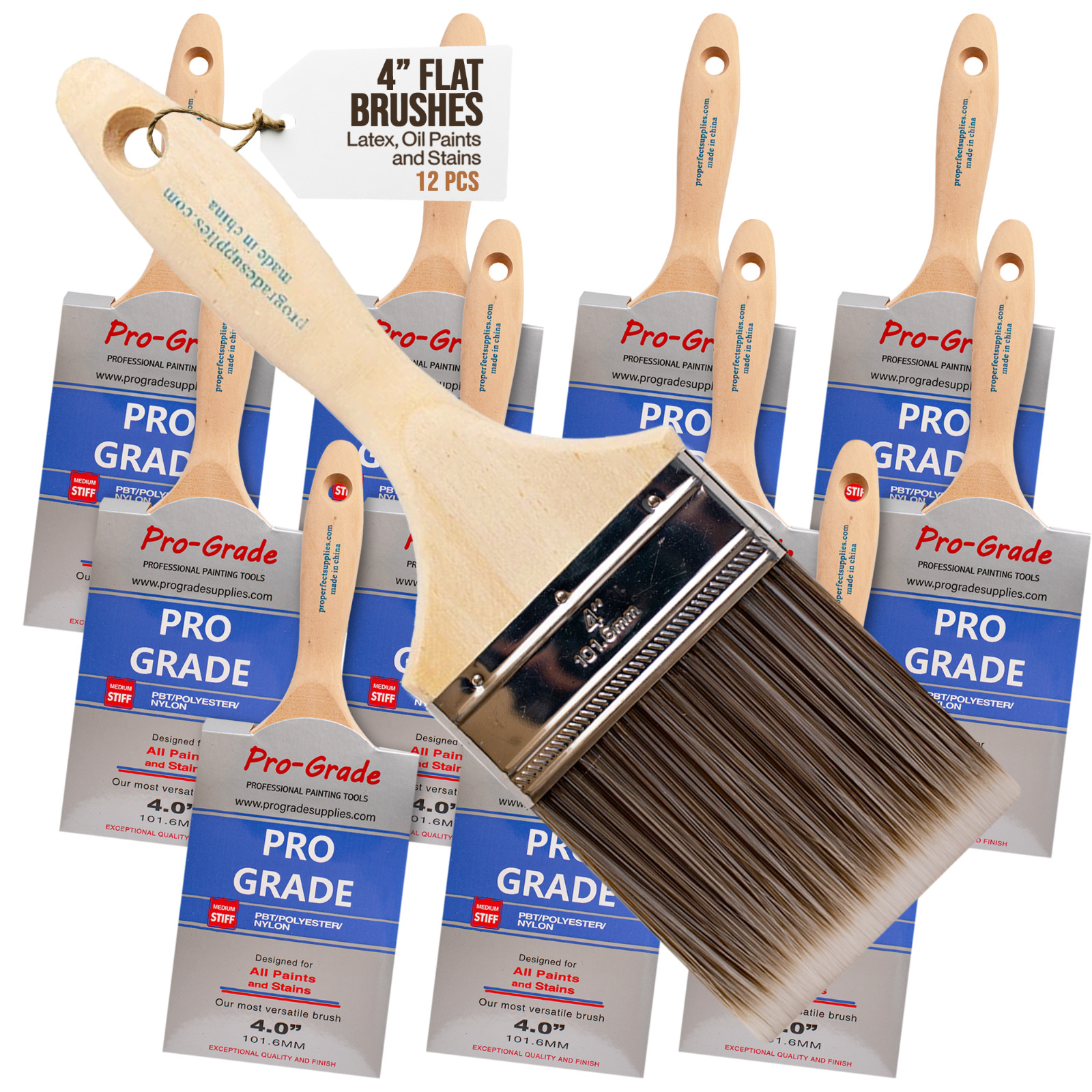 12PK 4" Flat House Wall,Trim Paint Brush Set Home Exterior or Interior Brushes