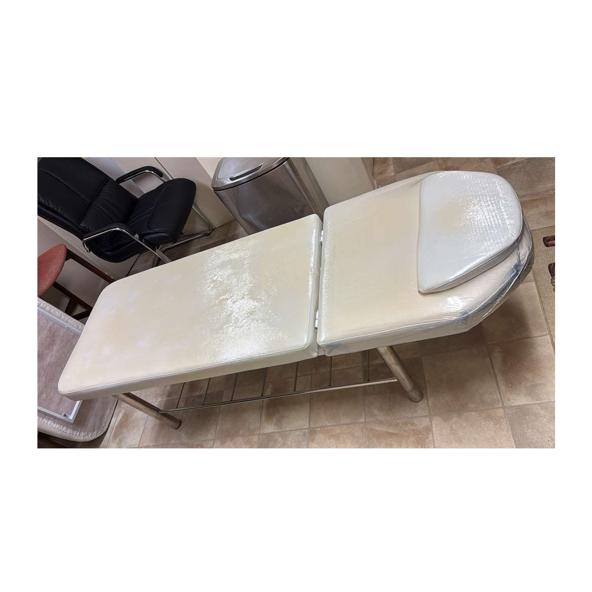 White Vinyl Padded Examination Table w/ Metal Legs, Adjustable Headrest Cushion