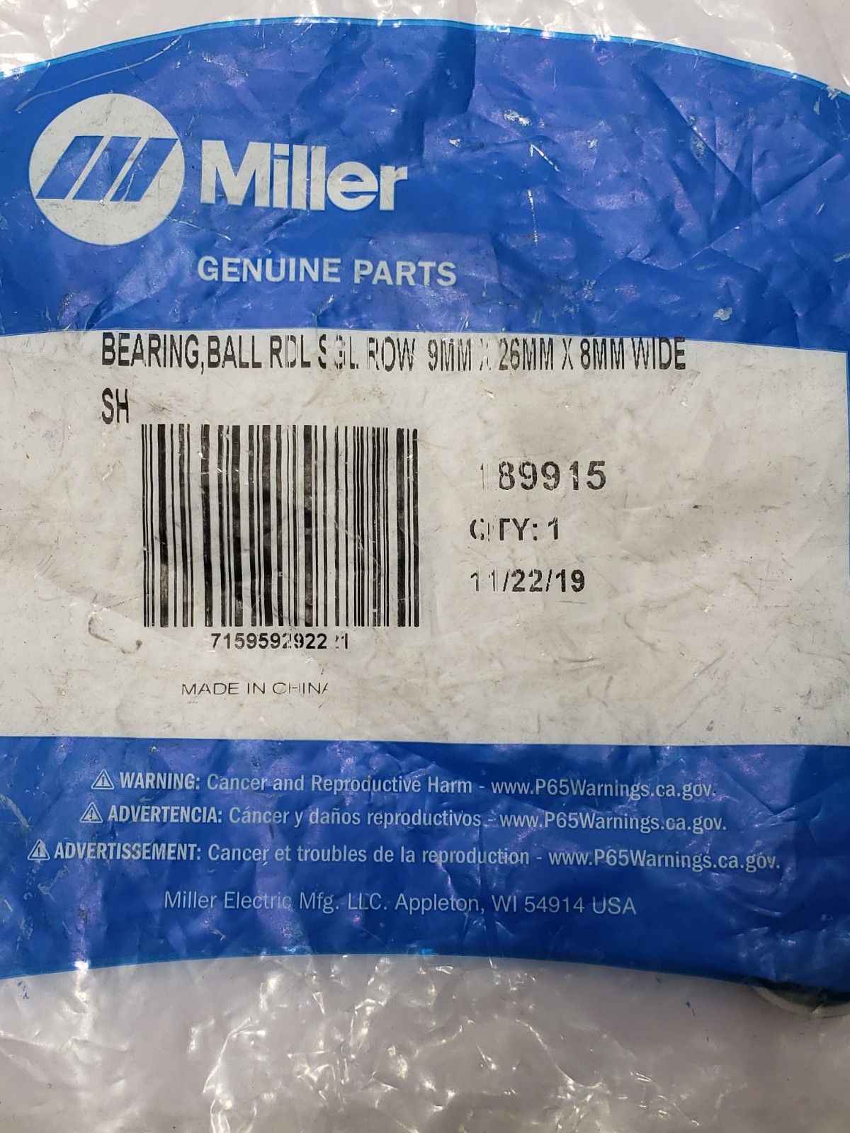 Miller Genuine Parts Bearing Ball RDL SGL Row 9mm 26mm 8mm Wide 188915