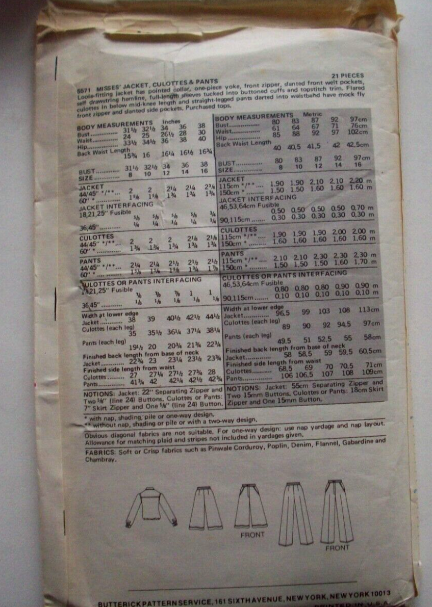 80's Guacho culottes jacket pants pattern 5571 size 10 UNCUT