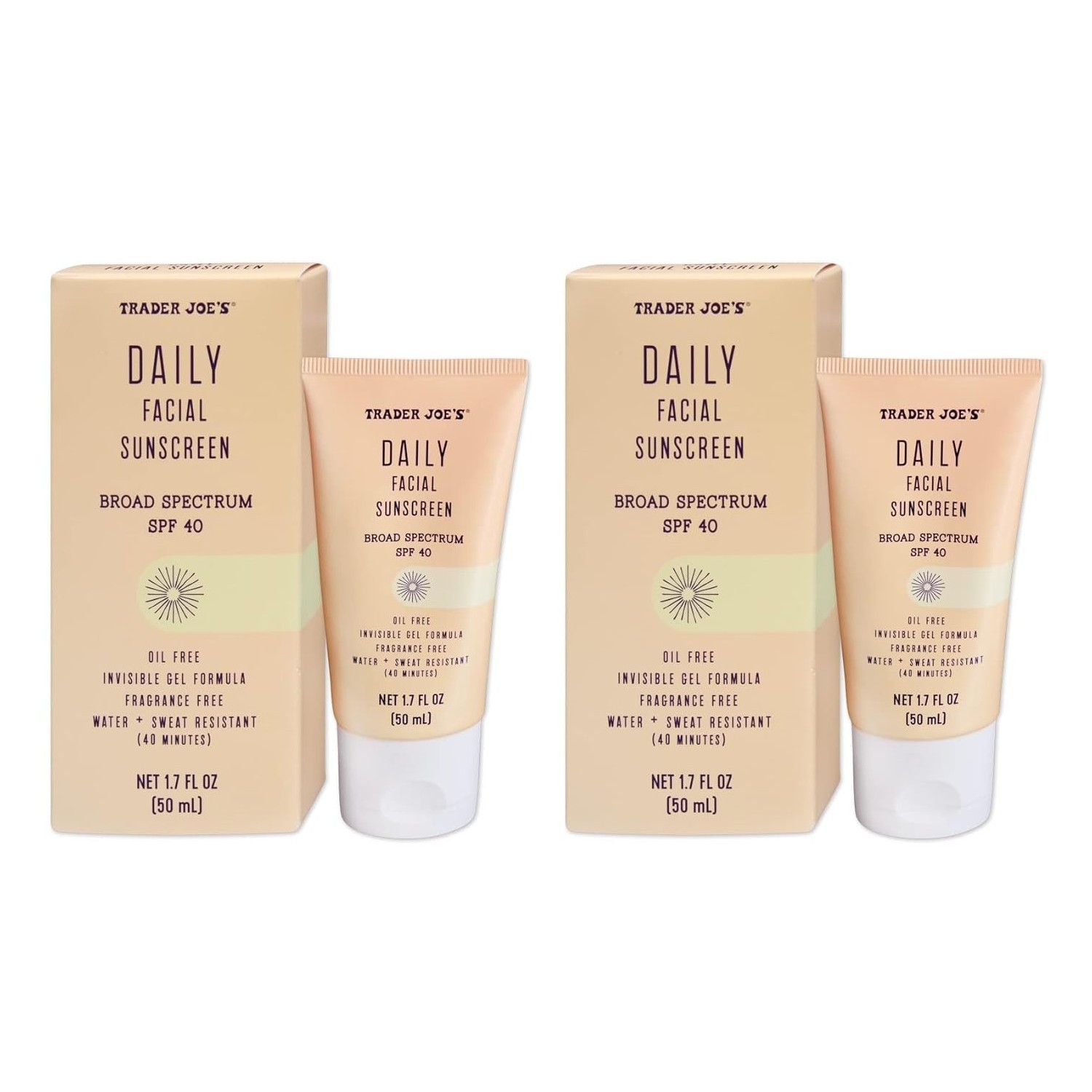 Trader Joe’s Facial Sunscreen SPF 40, Invisible Gel, Oil-Free, 1.7 Oz. (2 Pack)
