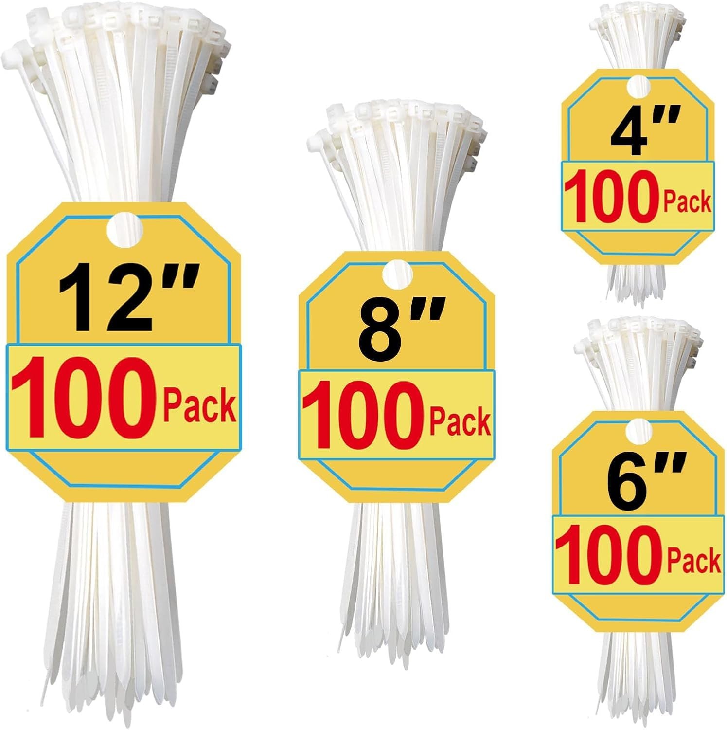 White Nylon Assorted Size Clear Cable Ties 4+6+8+12 in 400Pcs
