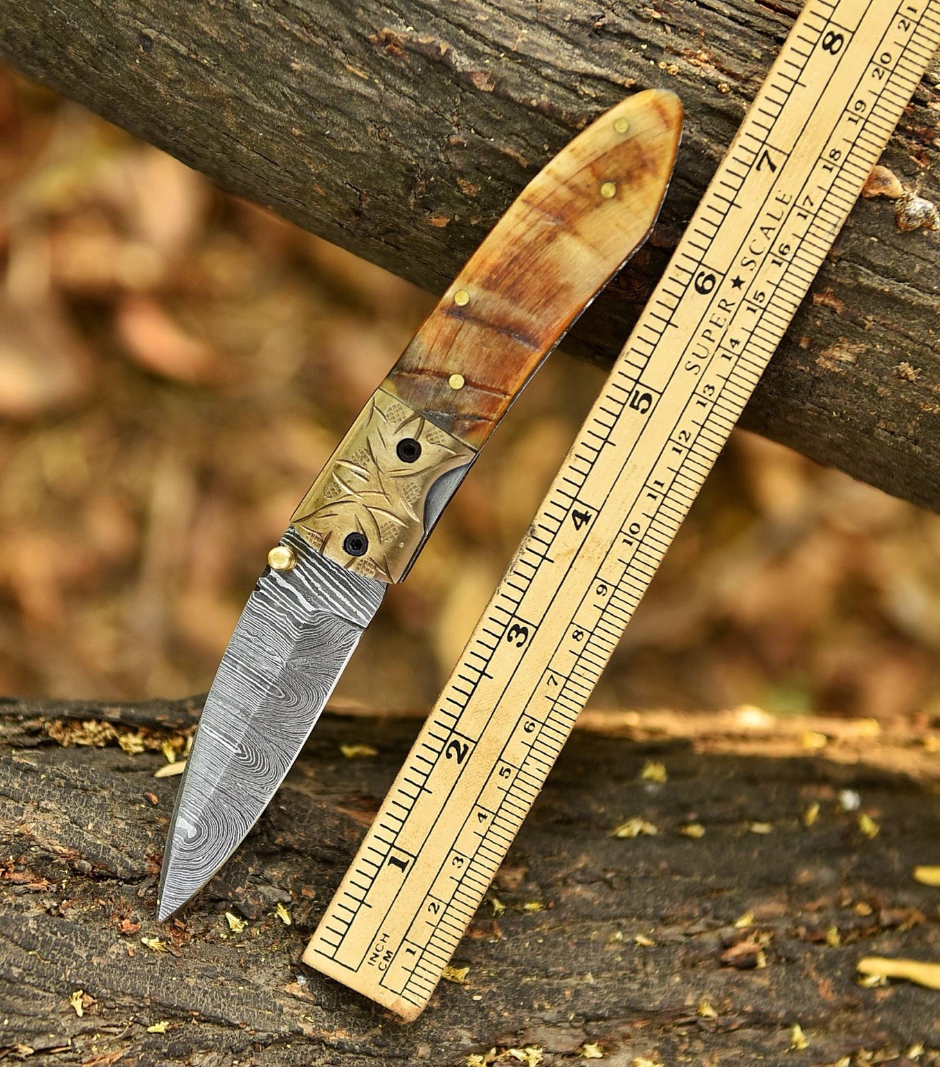 Handmade Folding Damascus Blade Pocket knife - Ram Horn -Tactical Camping Sheath