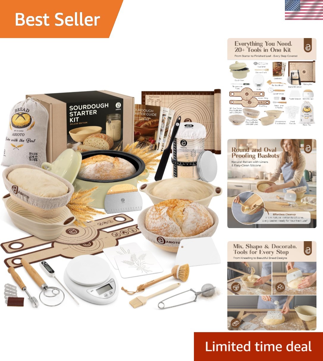 Complete Sourdough Baking Kit with Proofing Baskets & 34oz Jar for Perfect Bread