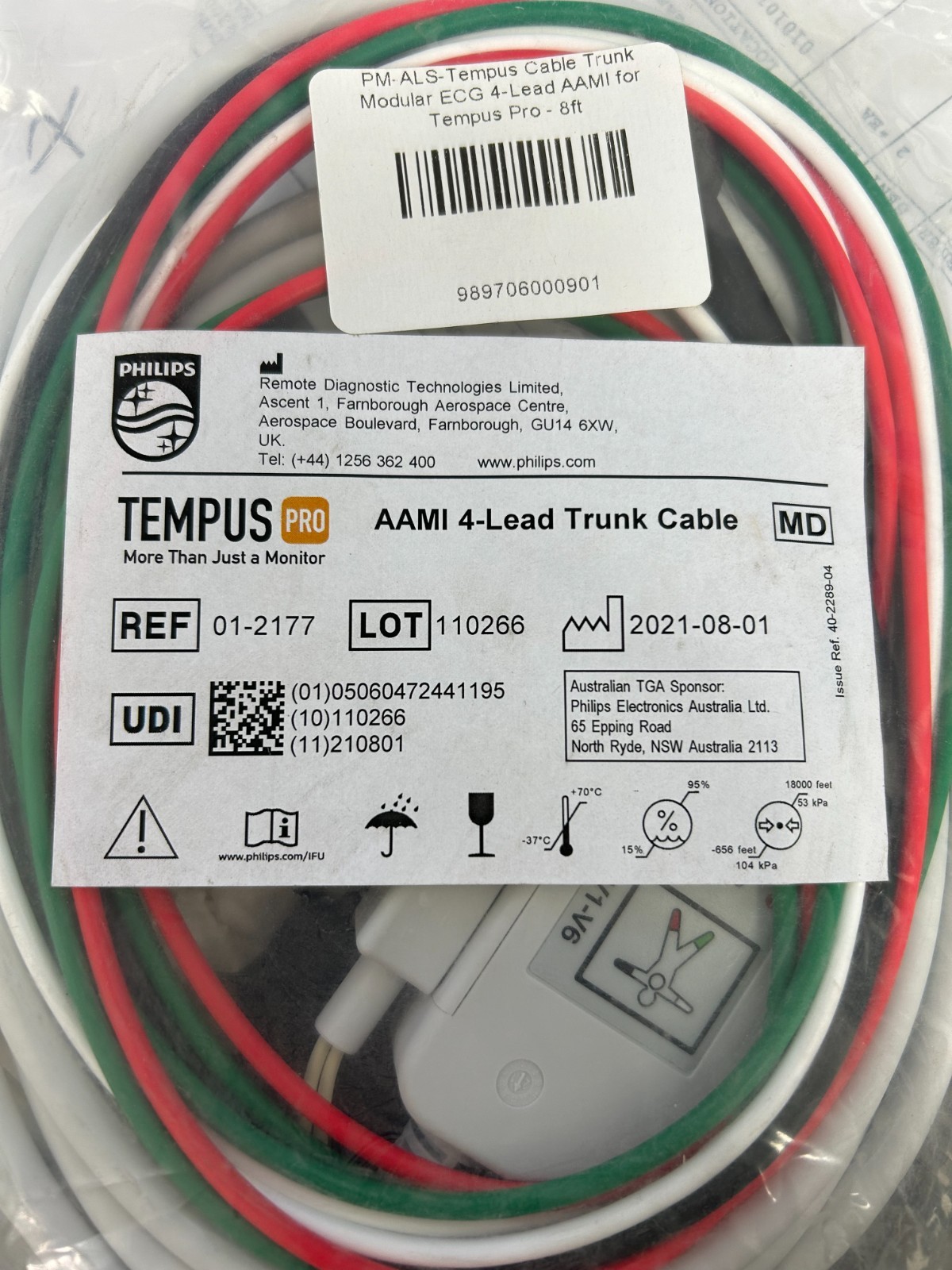 Philips Tempus 4-Lead Modular Cable, AAMI, 8ft, PN 989706000901, (01-2177)