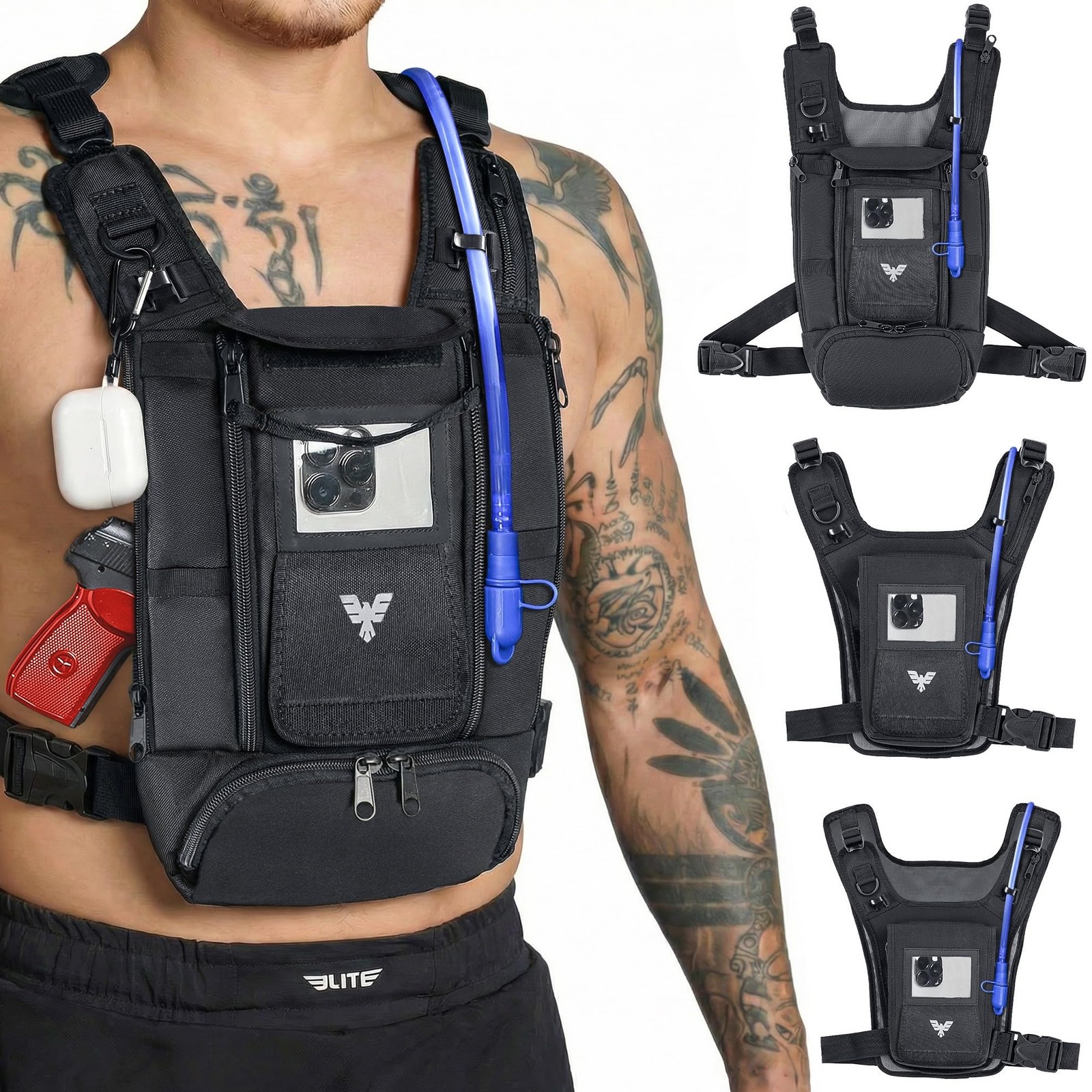 Elite Hydra Running Chest Pack w/ Gun Holster, Phone Holder Touch Friendly, C...