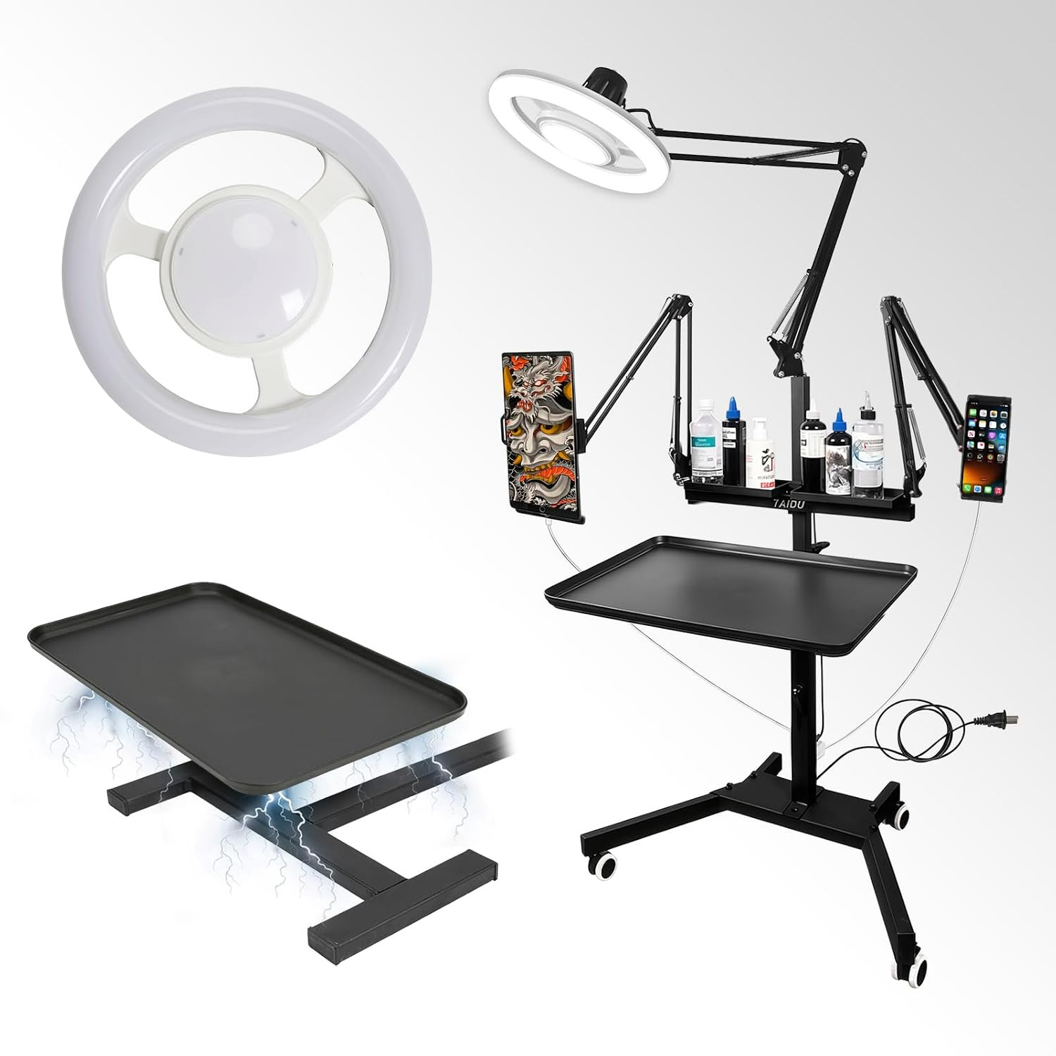 Enhanced Tattoo Workbench with LED Lights, Sockets & Tray Trolley