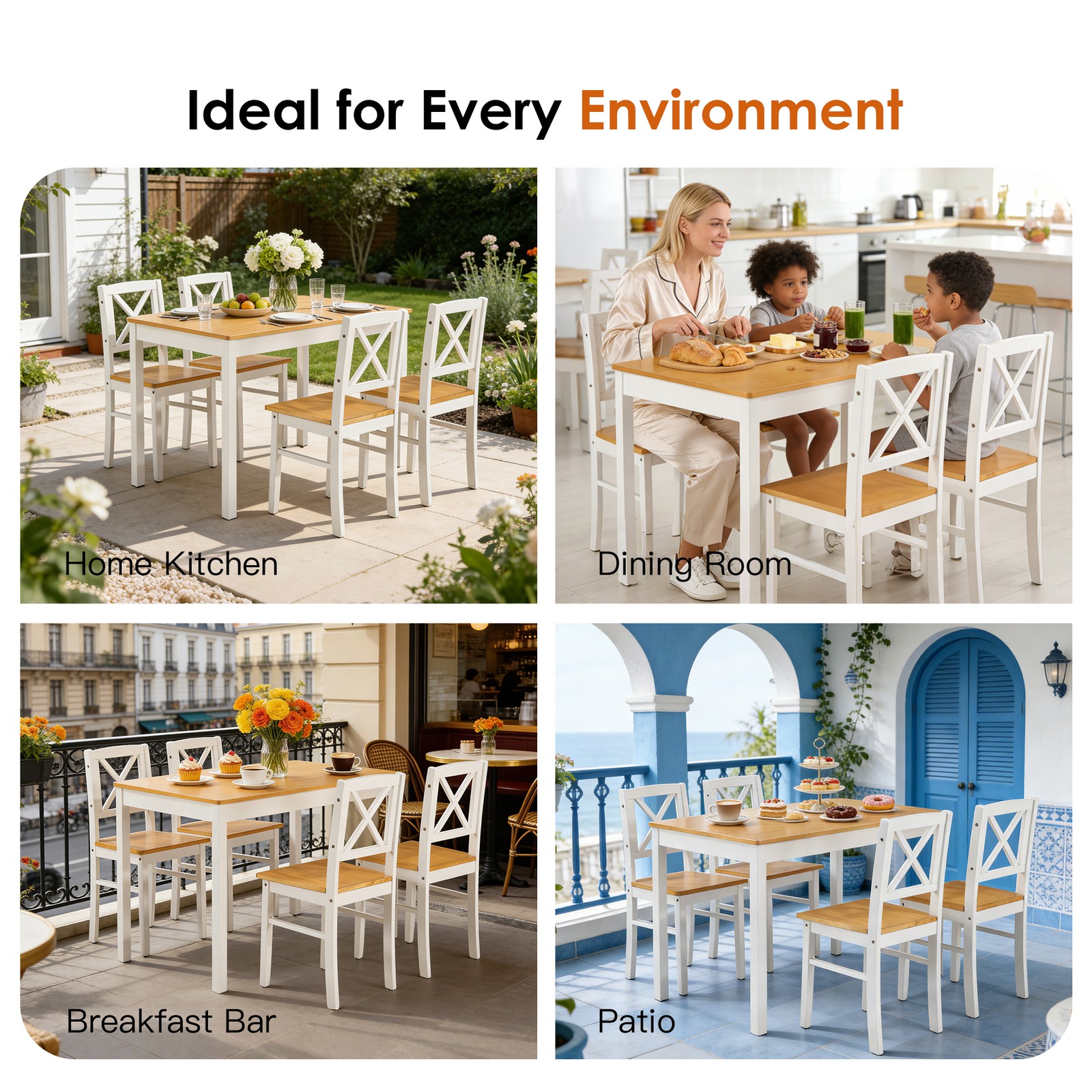 5-Piece Rubberwood Kitchen Dining Table Set with 4 Chairs