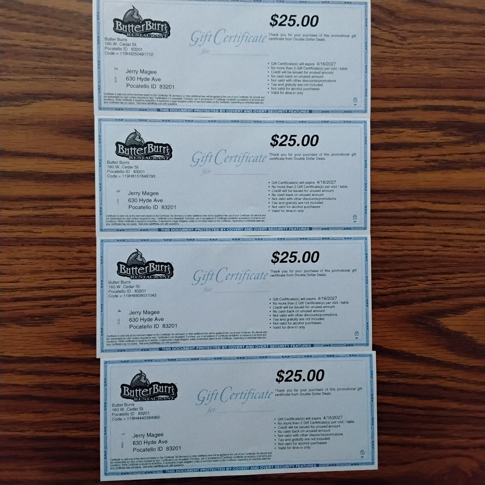Four $25 Butterburrs Restaurant Gift Certificates Pocatello Id Expiring 4-16-27