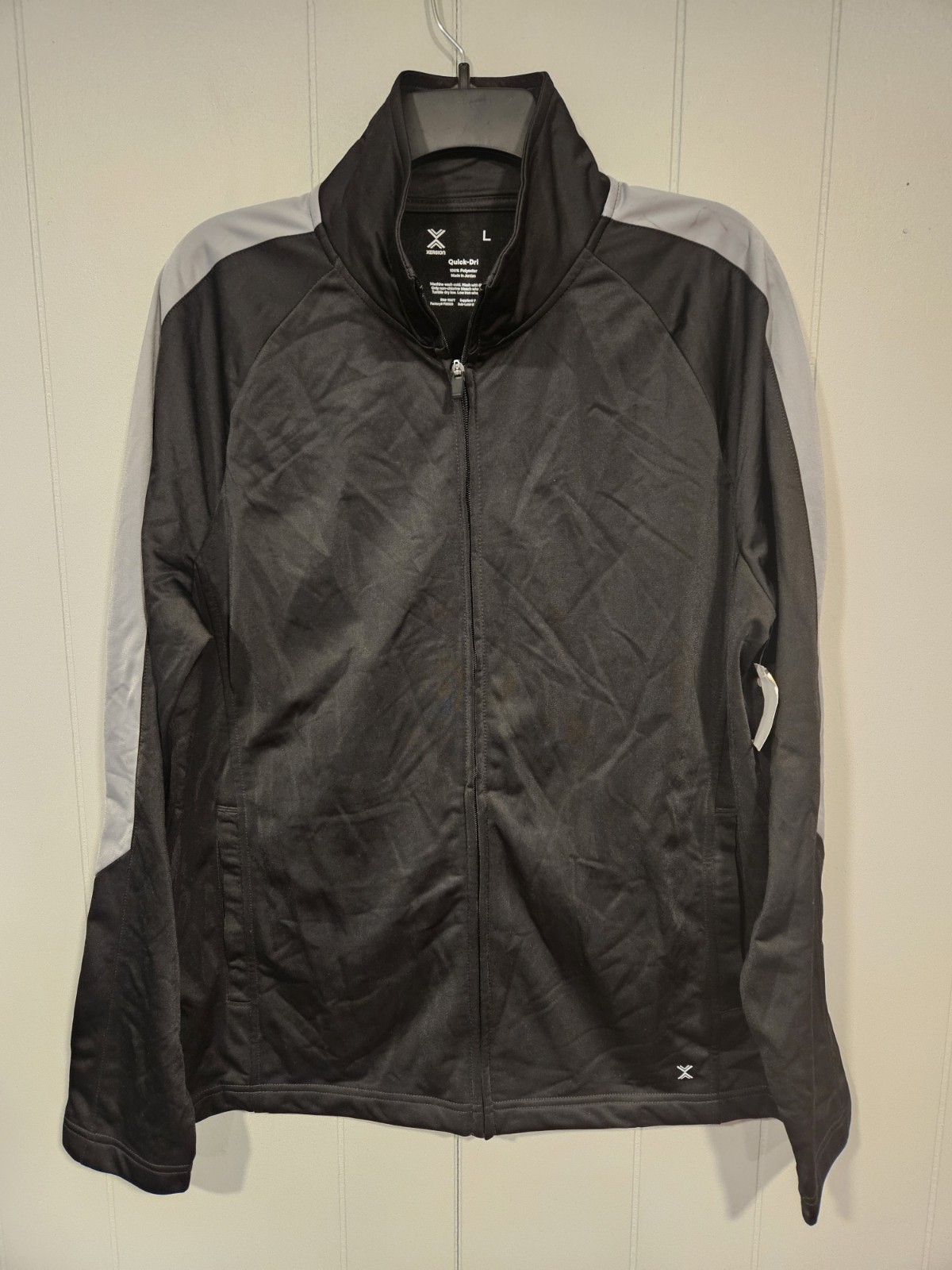 Xersion Mens Large Athletic Track Jacket Full Zip Black GrayStripe Quick Dri NWT