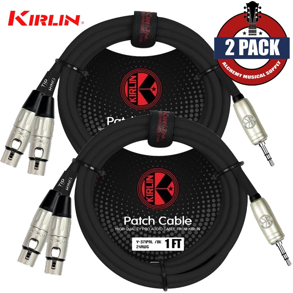 2-PACK Kirlin 1FT 3.5mm TRS - Dual XLR Female Noise-Free Y-Cable Y-371 PRL-01/BK