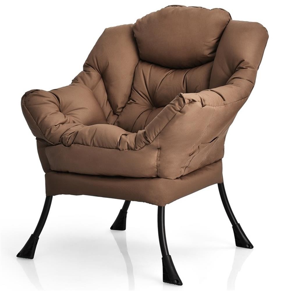 Pemberly Row Polyester Fabric Lazy Chair Single Sofa Chair w/ Side Pocket Brown
