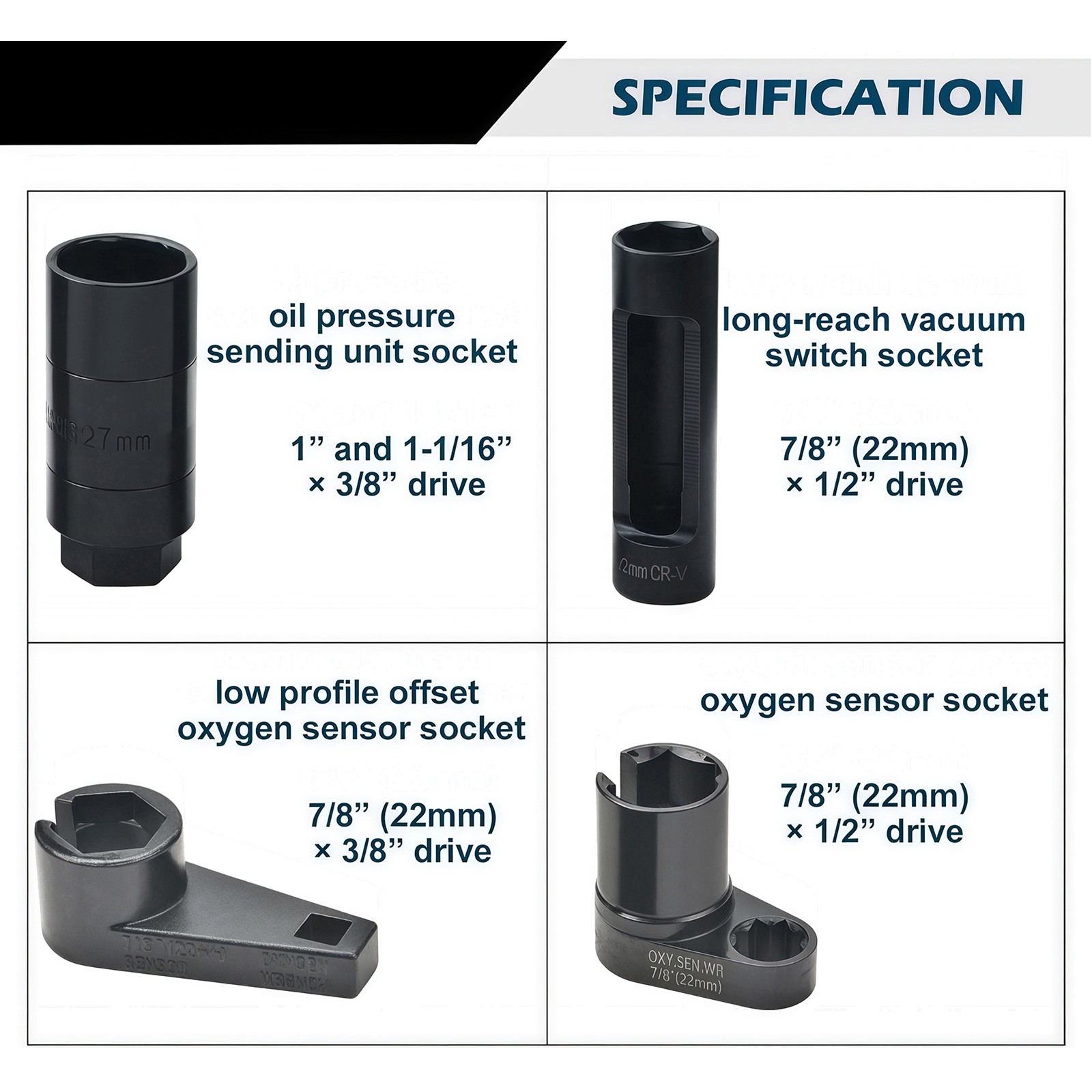 10pc O2 Oxygen Sensor Socket Wrench Removal Tool 3/8" 1/2" Drive x 7/8" 22mm Set