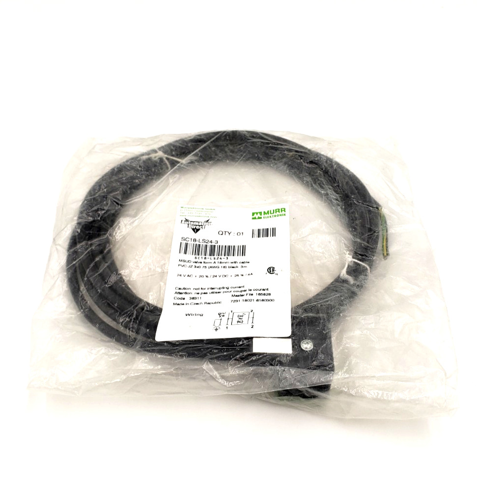 New Murr Elektronik SC18-LS24-3 Solenoid Valve Cable Automation Direct Warranty