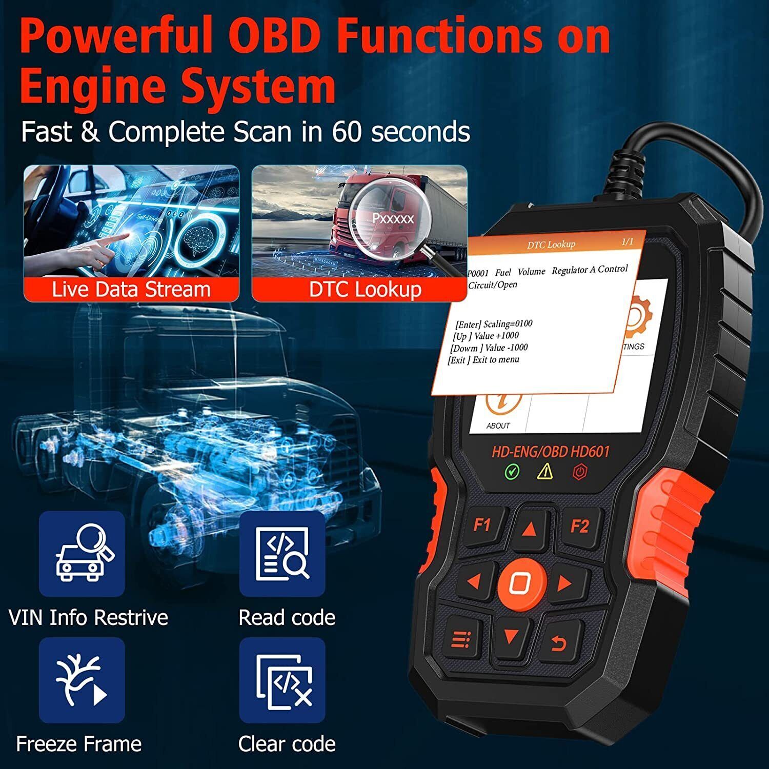 ANCEL HD601 Heavy Duty Truck Diagnostic Scanner Tool Code Reader Reset DPF ABS