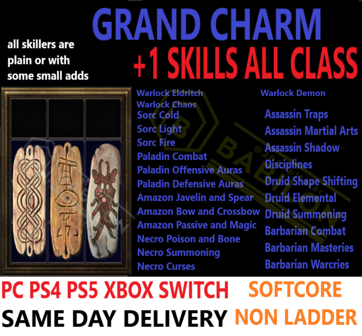 ✅PC PS4 PS5 XBOX SWITCH✅CHARMS +1 SKILL ALL CLASS DIABLO 2 RESURRECTED ITEMS D2R