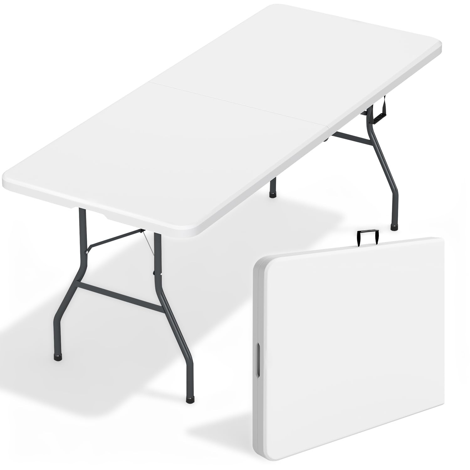 6FT Folding Table, Portable Fold-in-Half Plastic Picnic Party Table with Carr...