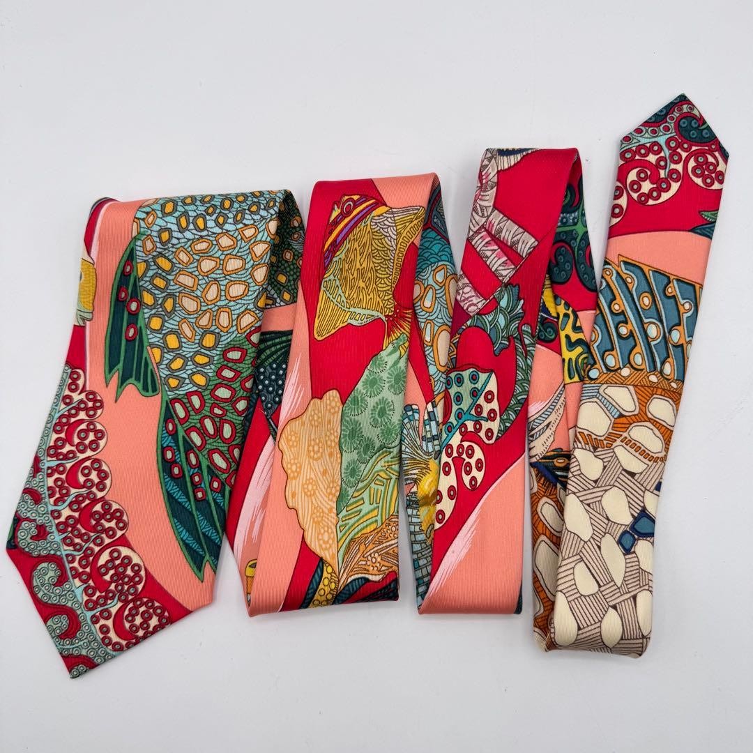 Hermes Silk Necktie Undersea Fish Coral Pattern Red Pink Excellent Condition
