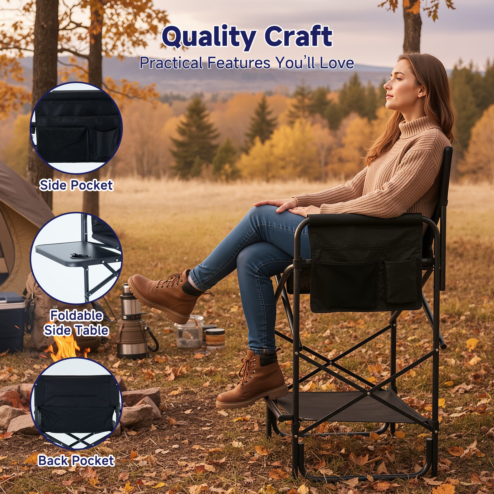 Heated Directors Chair - 3 Temperature Levels & Tall Camping Design