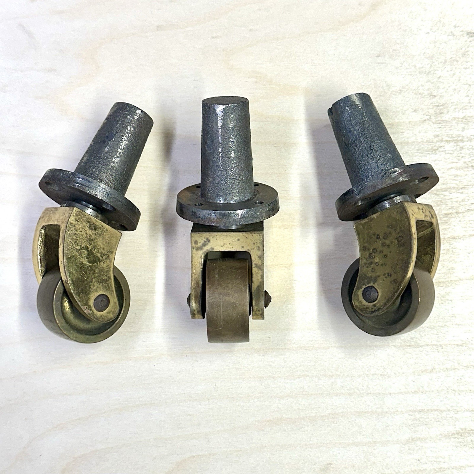 Set of Three Used Vintage Brass Grand Piano Casters - 1 5/8" Wheels