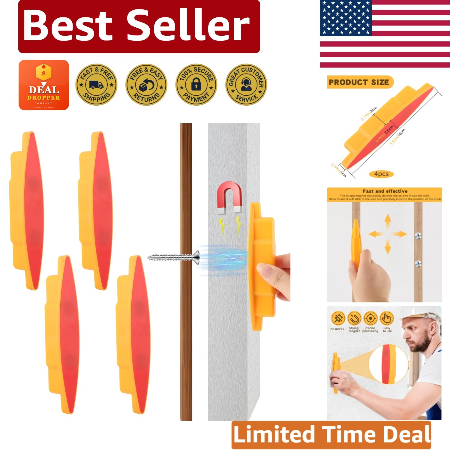 Powerful Yellow Magnetic Stud Detector: 4pcs Ergonomic Tool for Drywall Mounting