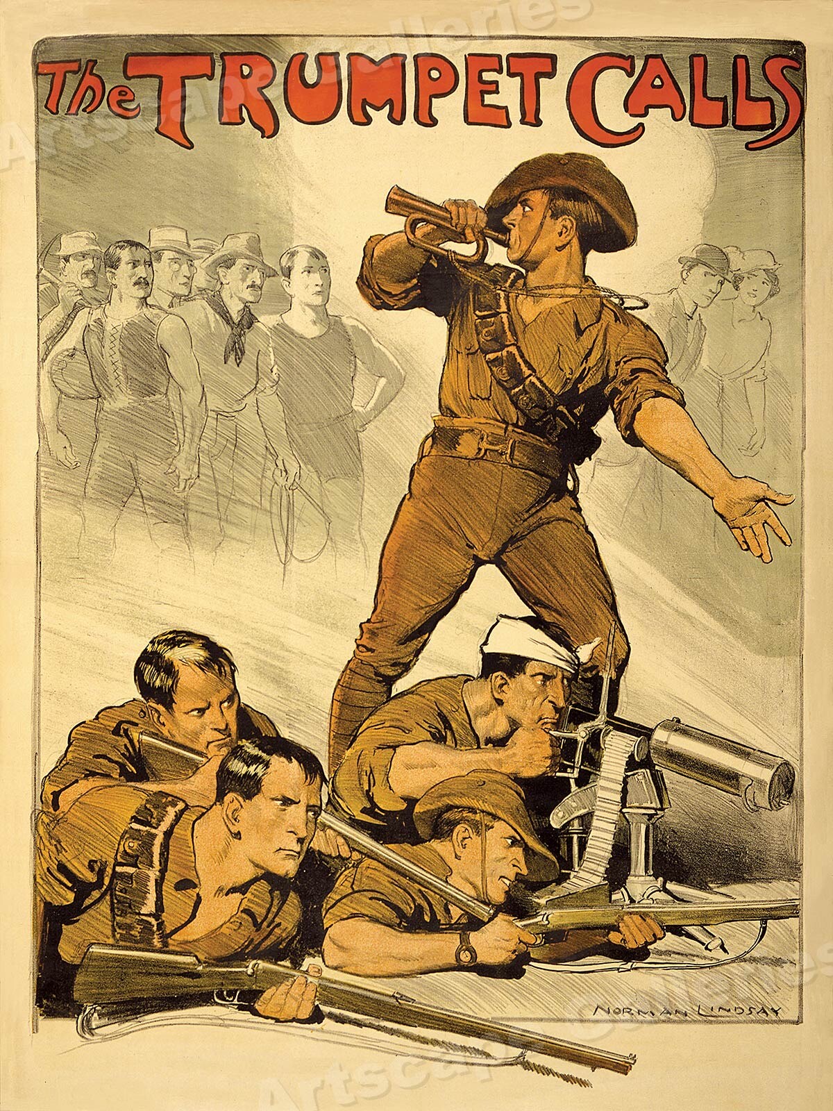 "The Trumpet Calls" Australian 1914 World War I Fighting Poster - 24x32