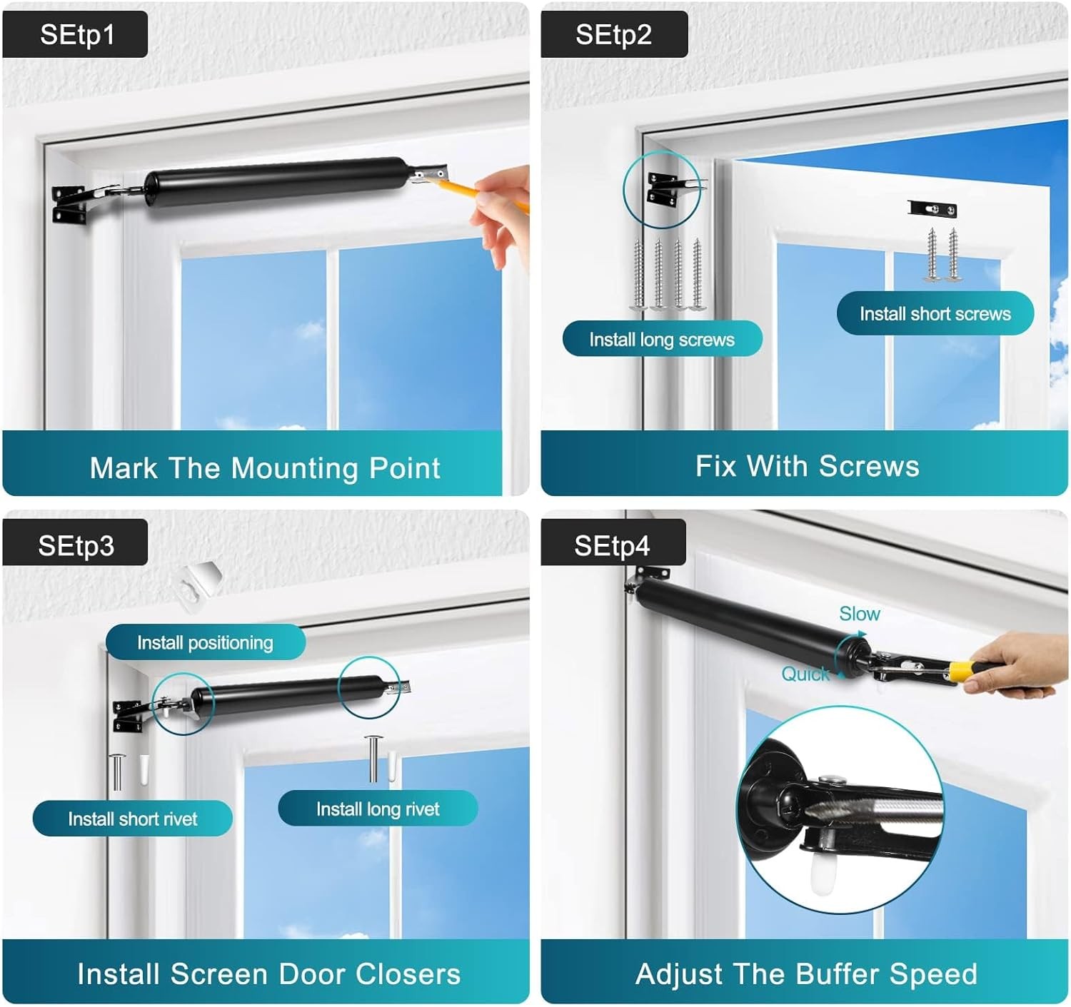 Screen Door Closer Kit - Pneumatic Closer Bracket, Adjustable Speed, Stable Syst