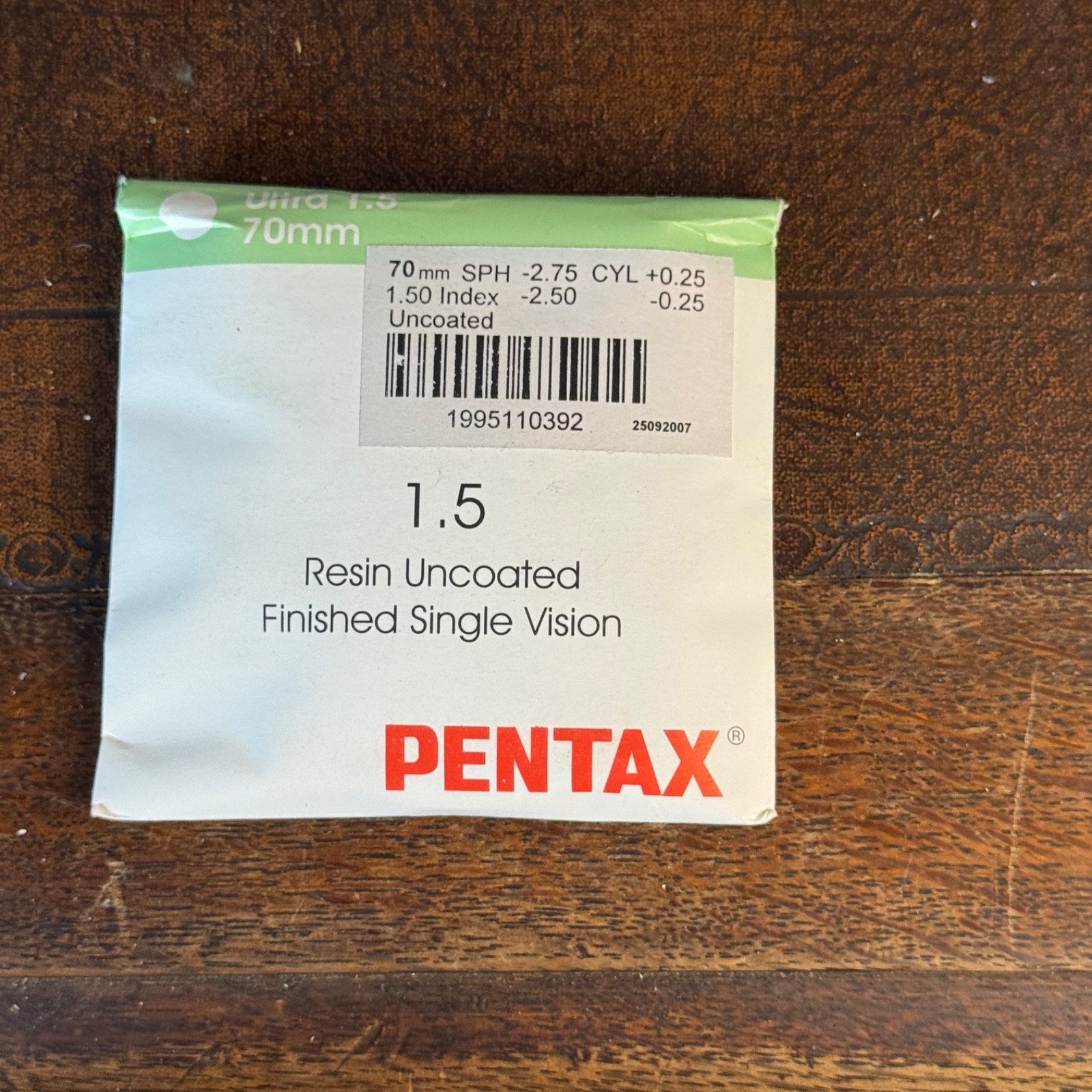 Unopened Pentax 1.5 Resin Uncoated Finished Single Vision SPH -2.75 Index -2.5