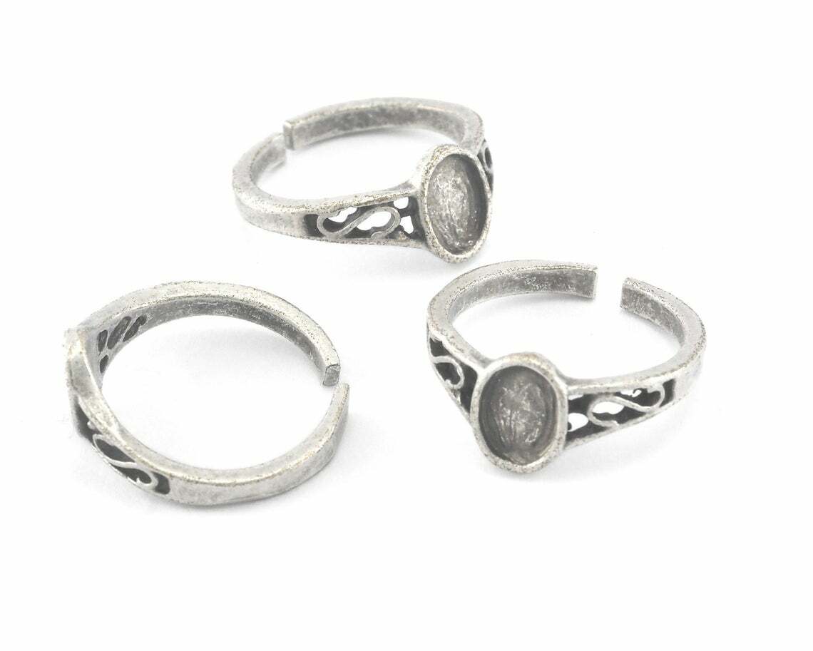Ring Adjustable Antique Silver Plated Brass with 5x7mm base setting 5-7US 2235