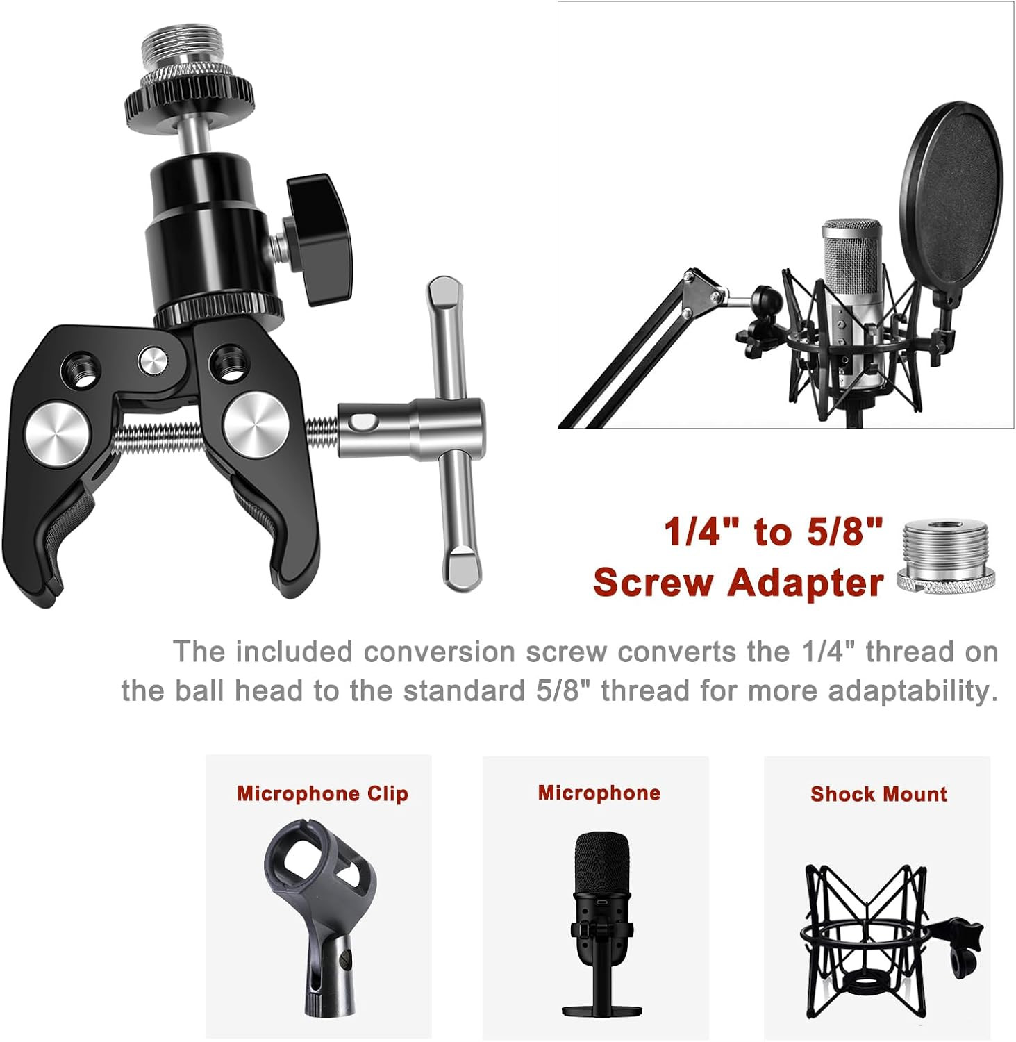 Microphone Clip Mic Clamp with Adjustable Ball Head and Mic Screw - Compatible w