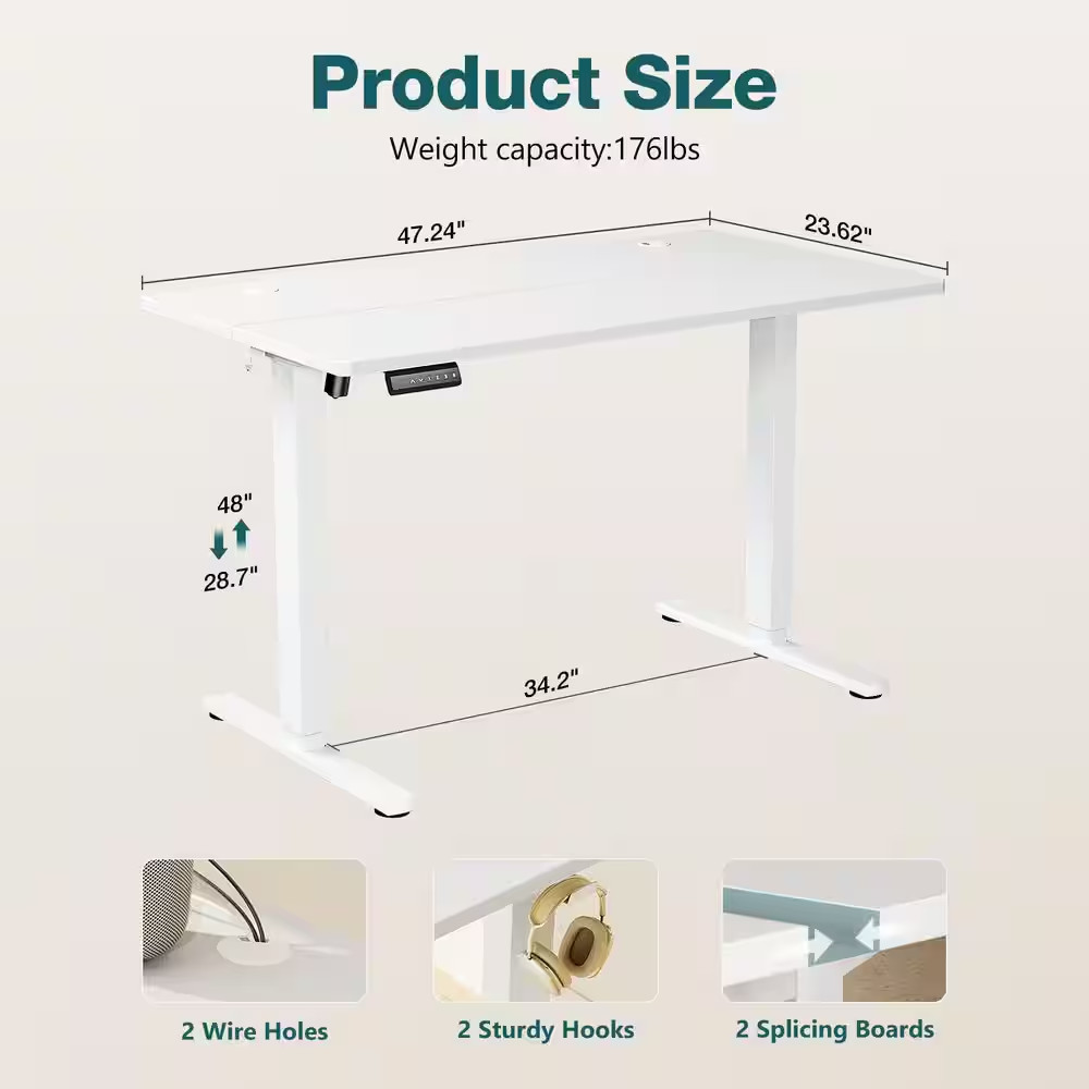 48 In. Rectangular White Wood Electric Standing Desk with Hooks and Wire Holes