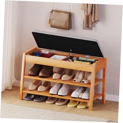 Shoe Rack Bench with Storage, 2-Tier Solid Wood Entryway Bench with 31.5inchs