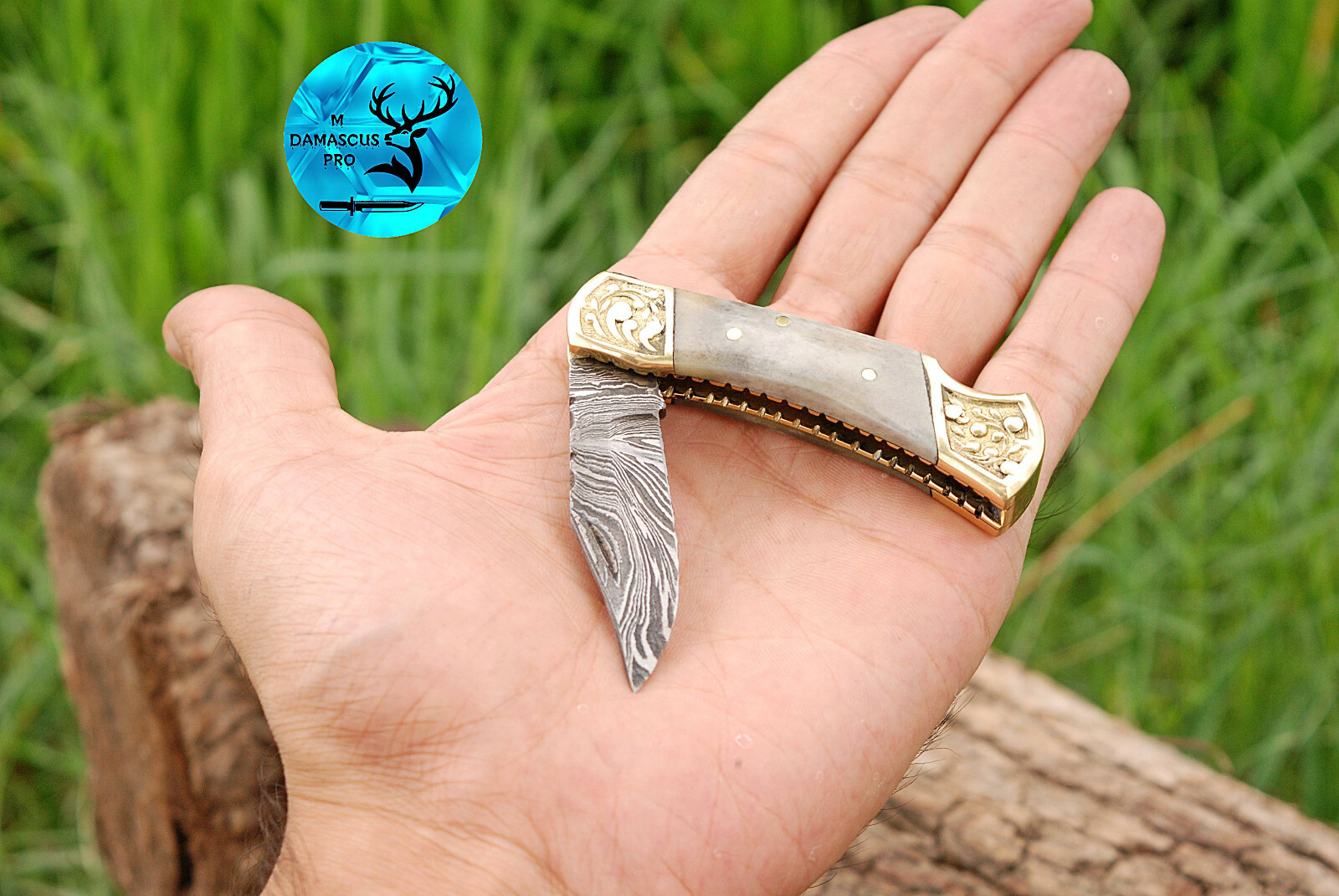 CUSTOM HANDMADE DAMASCUS STEEL FOLDING POCKET KNIFE W/ CAMEL BONE HANDLE 1251