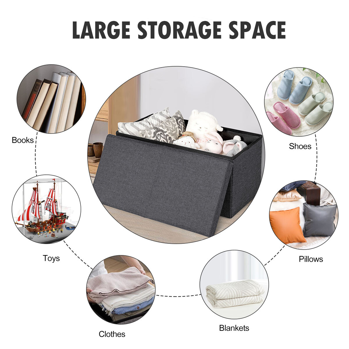 30" Folding Storage Ottoman W/Lift Top Bed End Bench 80L Storage Space Dark Grey