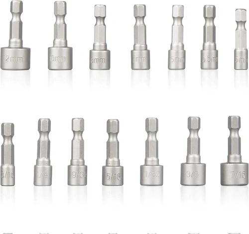 Power Nut Driver Bit Set 14-Piece Quick Change MM & SAE Impact 1/4" Hex Shank