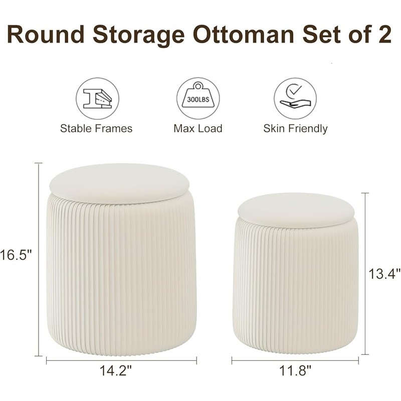 Round Ottoman Storage Set of 2 Velvet Pouf Makeup Footstool Living Room New