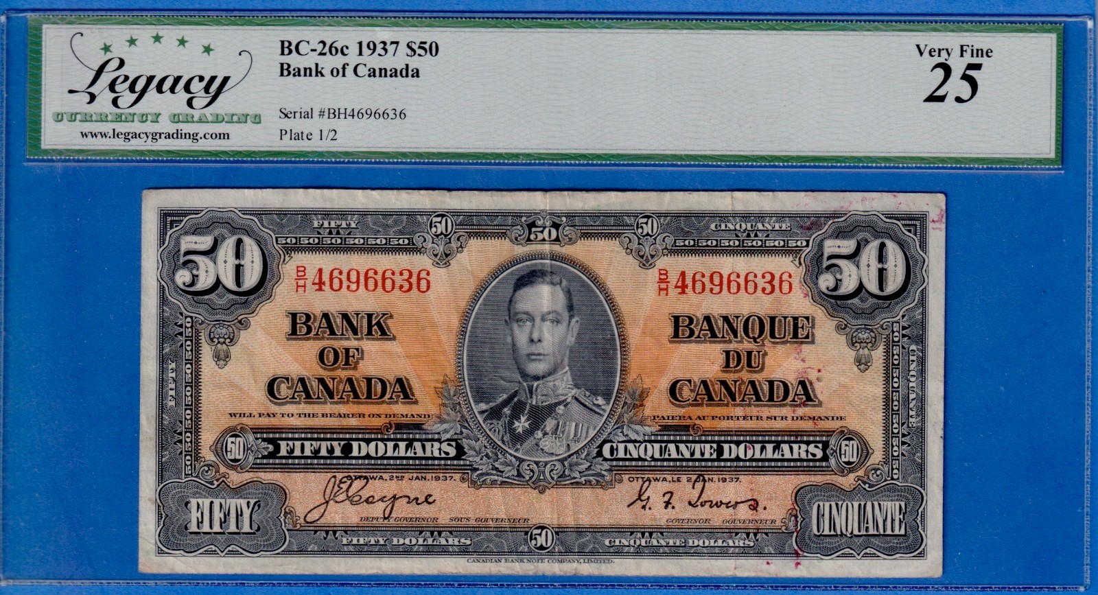 Canada $50 1937 BC-26c / P-63c KG VI Legacy Graded VF25 B/H 4696636