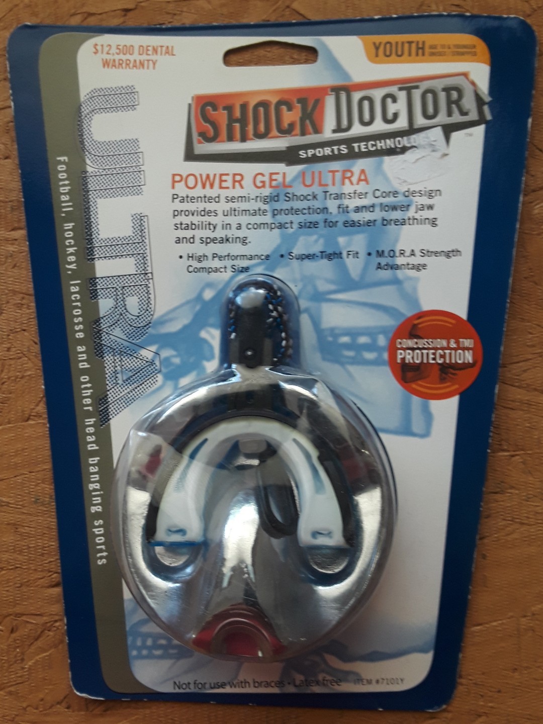 New Shock Doctor Power Gel Ultra Mouthguard with Strap BLUE Youth