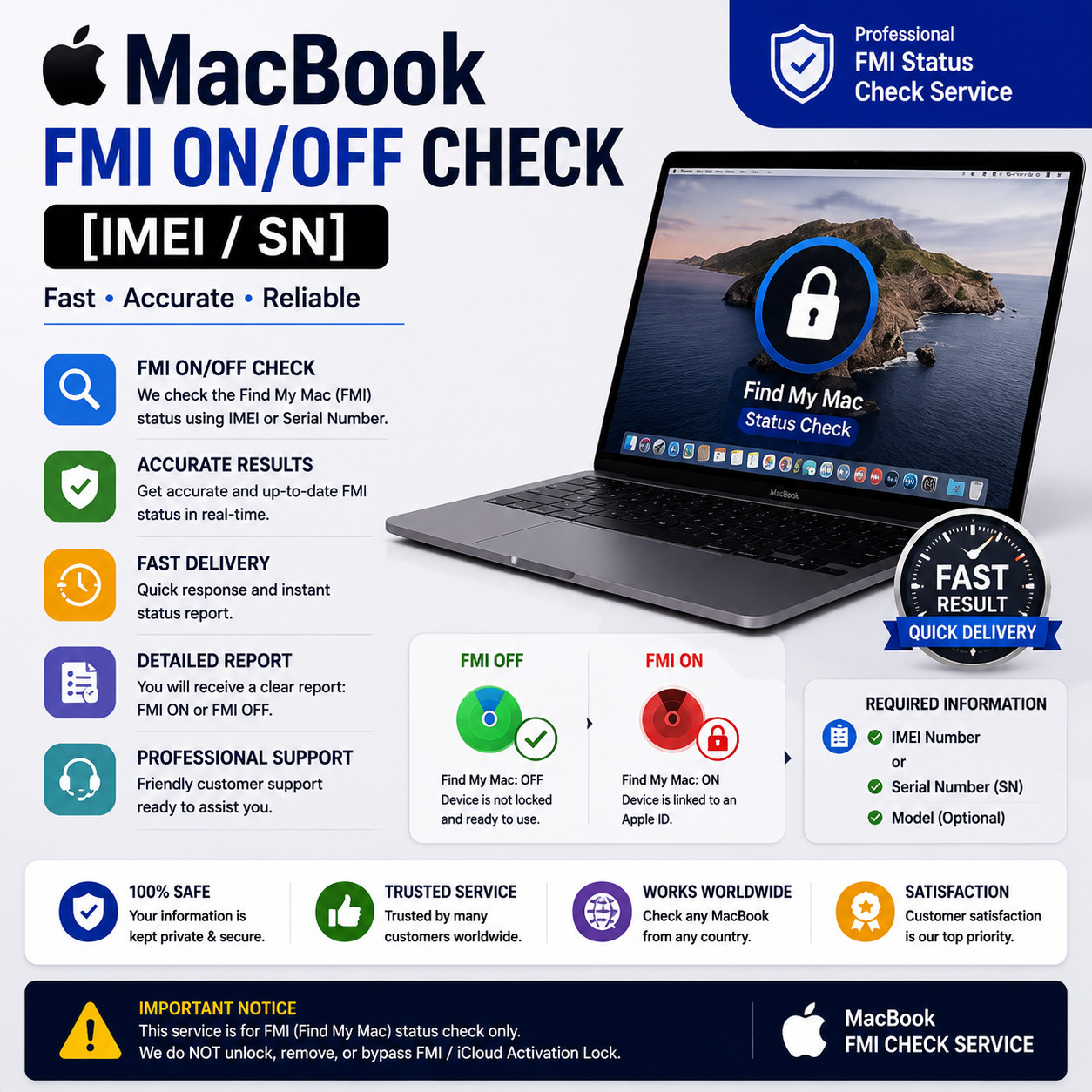 MacBook Find My (FMI) ON/OFF Status Check | Serial Number (SN) | Fast Report