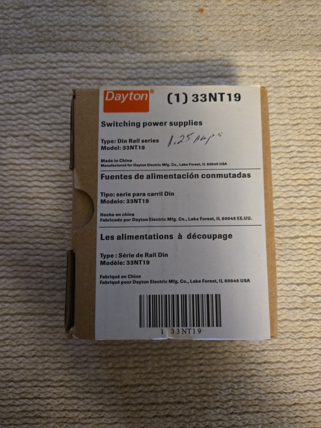 Dayton, 33NT19, Switching Power Supply, 30 W, 1.25 A