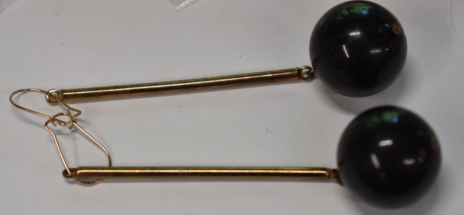 VINTAGE BLACK BALL DANGLE EARRINGS*PLASTIC DROPS* 3 INCHES * 1970s 1960s